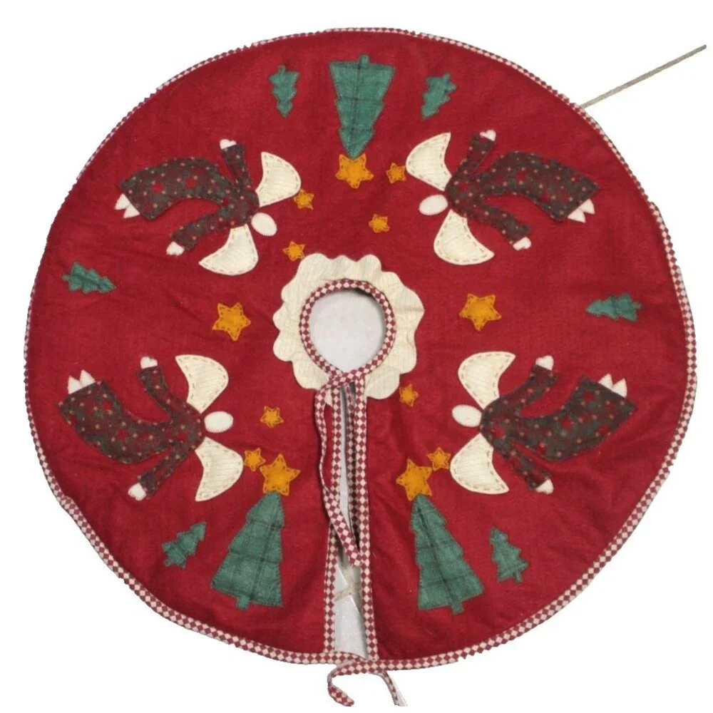 Vintage Handmade CHRISTMAS Tree Skirt Burgandy Angels, Stars, Trees Applique 25